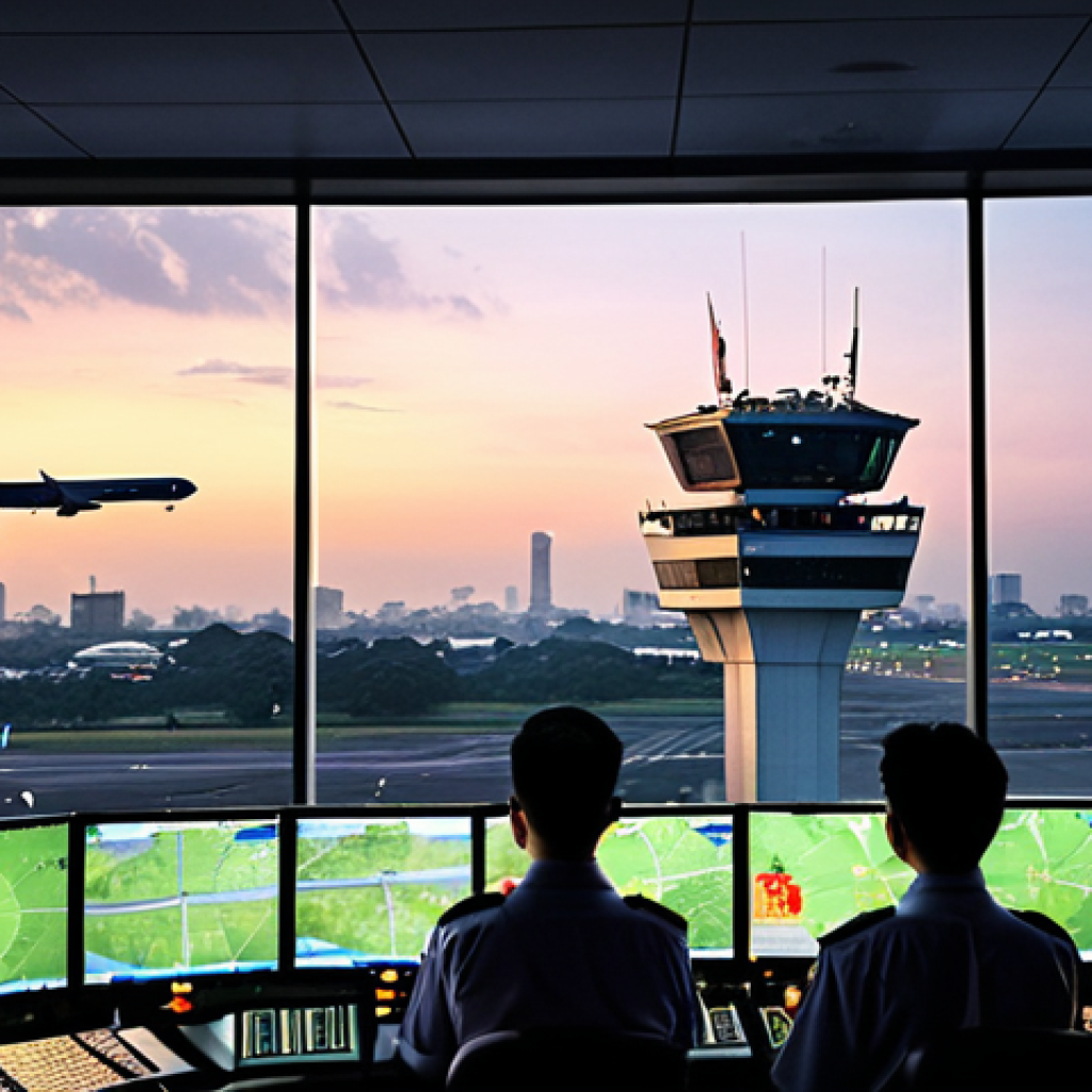 **Image:** A bustling air traffic control tower at a Vietnamese airport, showcasing air traffic controllers calmly managing multiple aircraft on their radar screens, with a backdrop of the Hanoi skyline at dusk. Focus on the technology and human collaboration.