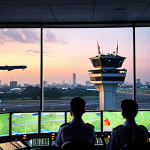 **Image:** A bustling air traffic control tower at a Vietnamese airport, showcasing air traffic controllers calmly managing multiple aircraft on their radar screens, with a backdrop of the Hanoi skyline at dusk. Focus on the technology and human collaboration.