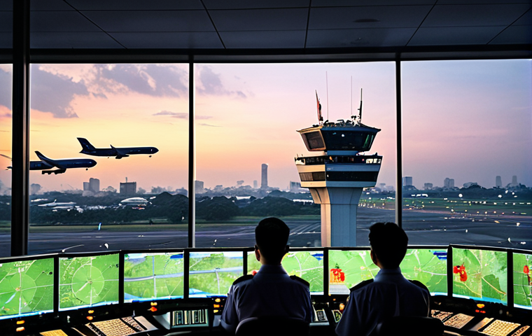 **Image:** A bustling air traffic control tower at a Vietnamese airport, showcasing air traffic controllers calmly managing multiple aircraft on their radar screens, with a backdrop of the Hanoi skyline at dusk. Focus on the technology and human collaboration.