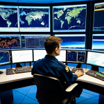 A professional air traffic controller in a modest, dark blue uniform, focused and attentive, sitting at a workstation in a modern, brightly lit air traffic control center. Large, curved screens in front of them display intricate real-time flight paths, comprehensive weather forecasts, and dynamic data visualizations powered by AI, showing predictive analytics. The controller's hands are resting near a control panel, indicating readiness and precision. The overall atmosphere is calm and highly efficient.
    *   **Mandatory inclusions**: safe for work, appropriate content, fully clothed, professional, perfect anatomy, correct proportions, natural pose, well-formed hands, proper finger count.