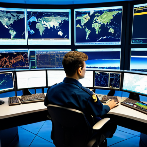 A professional air traffic controller in a modest, dark blue uniform, focused and attentive, sitting at a workstation in a modern, brightly lit air traffic control center. Large, curved screens in front of them display intricate real-time flight paths, comprehensive weather forecasts, and dynamic data visualizations powered by AI, showing predictive analytics. The controller's hands are resting near a control panel, indicating readiness and precision. The overall atmosphere is calm and highly efficient.
    *   **Mandatory inclusions**: safe for work, appropriate content, fully clothed, professional, perfect anatomy, correct proportions, natural pose, well-formed hands, proper finger count.