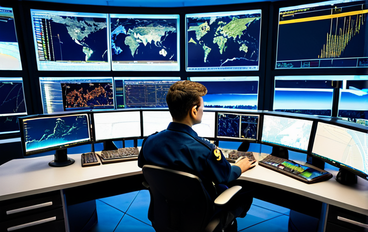 A professional air traffic controller in a modest, dark blue uniform, focused and attentive, sitting at a workstation in a modern, brightly lit air traffic control center. Large, curved screens in front of them display intricate real-time flight paths, comprehensive weather forecasts, and dynamic data visualizations powered by AI, showing predictive analytics. The controller's hands are resting near a control panel, indicating readiness and precision. The overall atmosphere is calm and highly efficient.
    *   **Mandatory inclusions**: safe for work, appropriate content, fully clothed, professional, perfect anatomy, correct proportions, natural pose, well-formed hands, proper finger count.
