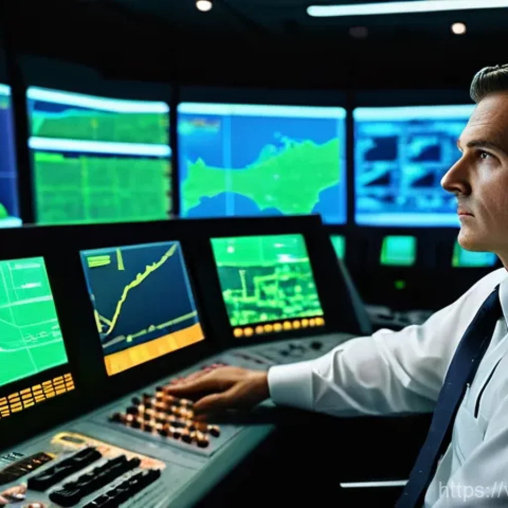 항공운항관리사와 날씨 분석 툴 - **Prompt:** "A highly detailed, cinematic shot of a male air traffic controller, mid-40s, with a foc...