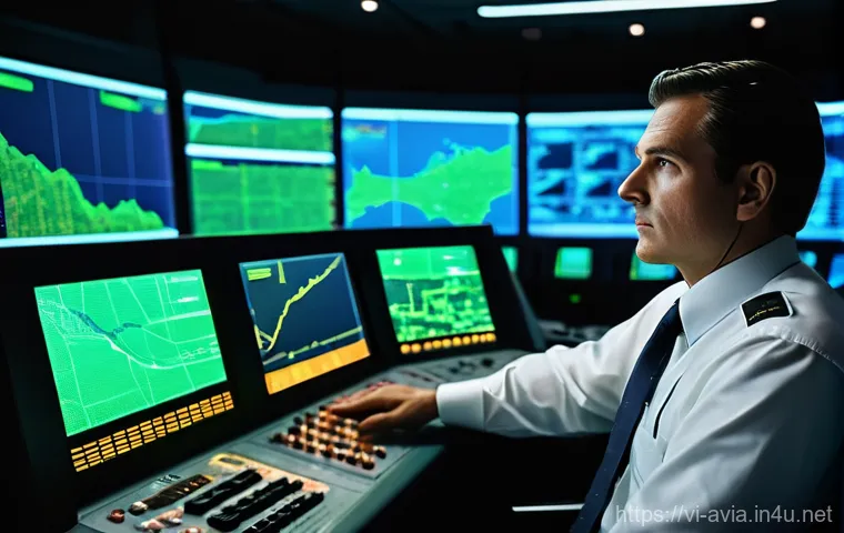 항공운항관리사와 날씨 분석 툴 - **Prompt:** "A highly detailed, cinematic shot of a male air traffic controller, mid-40s, with a foc...