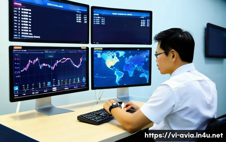 항공운항관리사와 국제 협력 - Flight Dispatcher: Meticulous Route Planning**
Prompt: "A highly detailed, realistic photograph of a...