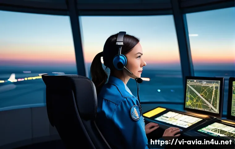 항공운항관리사 실무 기술 - **Prompt 1: Focus on Intense Concentration and Multitasking in a Modern Control Tower**
    "A wide ...