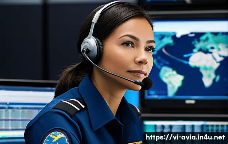 항공운항관리사와 기내 안전 규정 - **Prompt:** A highly focused female Flight Dispatcher, approximately 30-40 years old, wearing a cris...