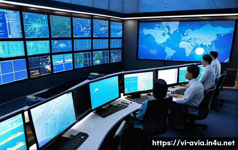 항공운항관리사와 데이터 분석 - A modern air traffic control center in Vietnam, featuring a diverse team of professionals operating ...