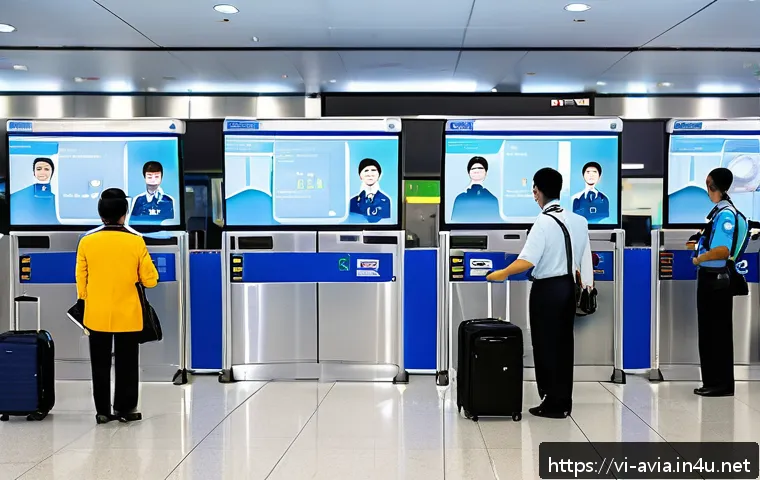 항공운항관리사 항공법 실습 - A busy Vietnamese airport security checkpoint scene featuring modern screening technology including ...