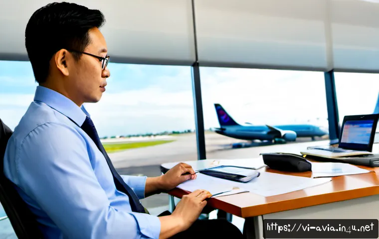 Home 17 항공운항관리사 직무 기술서 작성법 - Photorealistic aviation operations manager in a modern Vietnamese airport operations office, profess...