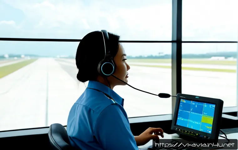 Home 17 항공운항관리사 항공사 주요 직무 - Photorealistic airline operations controller in a modern airport operations center in Vietnam, focus...